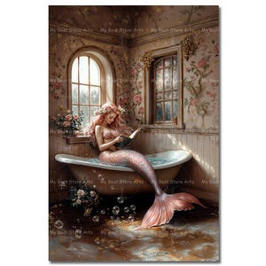 Pink Siren in Bathtub Art Print - Fantasy Victorian Mermaid Decor, Reading Picture, Bathroom Decor, Fairytale Nymph, Antique-Themed