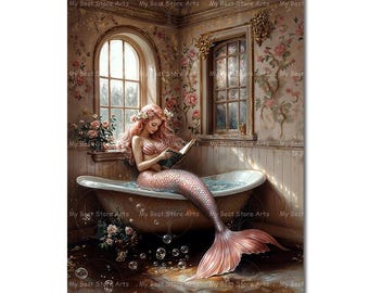 Pink Siren in Bathtub Art Print - Fantasy Victorian Mermaid Decor, Reading Picture, Bathroom Decor, Fairytale Nymph, Antique-Themed