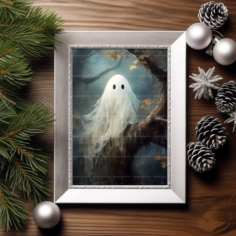 Cute Ghost in Tree Art Print - Gothic Dark Academia Poster, Halloween ...