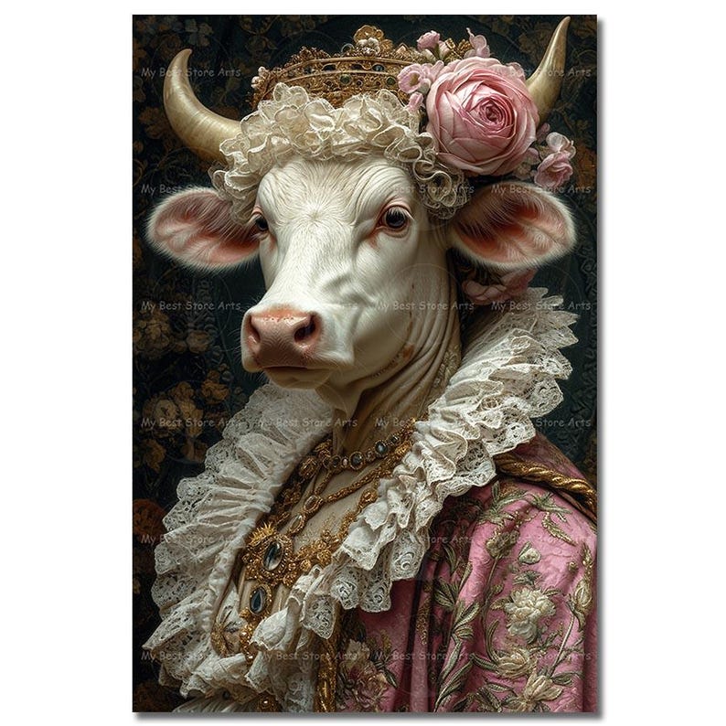 Cow Queen Art Print - Whimsical Victorian Fantasy Poster, Royal Animal Wall Decor, Cute Gothic Picture image 1