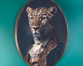 Victorian Leopard Wooden Decor- Vintage Style Wood Plaque, Fantasy Dark Academia Wall Decor, Whimsical Animal Oval Wall Art