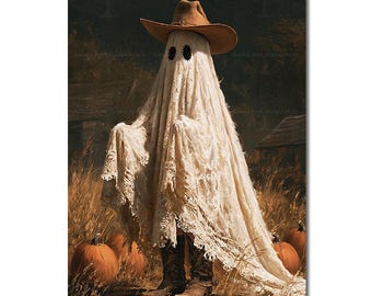 Cowboy Ghost Art Print - Western Halloween Wall Decor, Spooky Dark Academia Poster, Gothic Fall Fantasy Picture