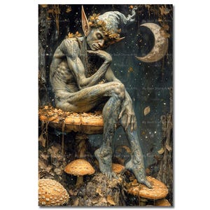 Forest Goblin Art Print - Fantasy Cottagecore Picture, Moody Witchy Fae Poster, Whimsical Gothic Dark Academia Wall Decor