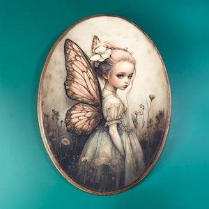 May include: A painting of a young girl with a delicate butterfly wing, wearing a white dress with lace trim. The girl has a flower in her hair and is surrounded by a field of wildflowers.