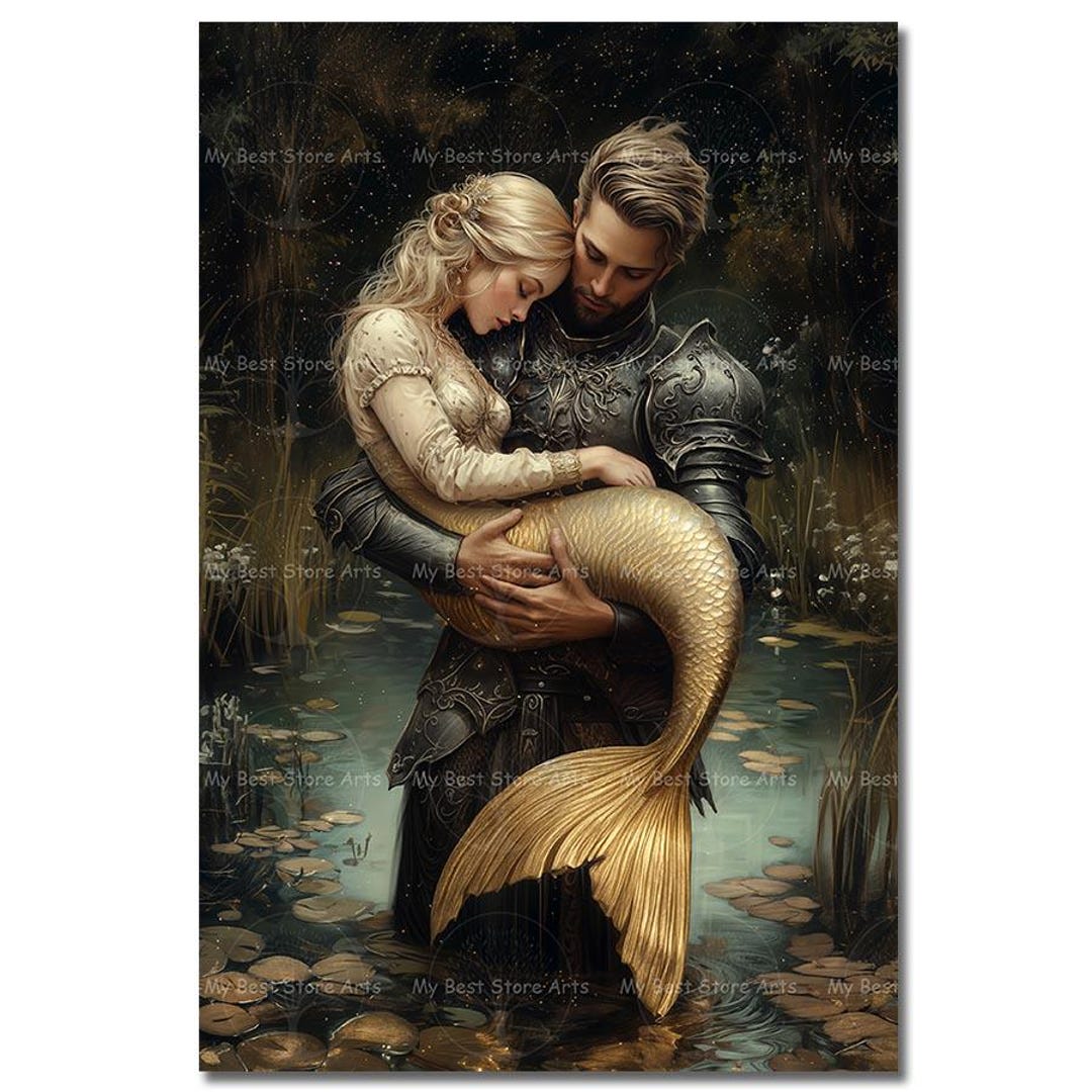 Knight and Mermaid Art Print - Fantasy Wall Decor, Siren Poster ...