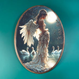 May include: A painting of a woman with angel wings standing in a lake with swans. The woman is wearing a white dress and has long flowing hair. The background is a dark forest with a moon in the sky.