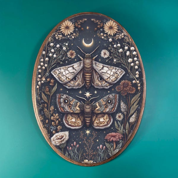 Gothic Moths Wooden Decor- Vintage Style Wood Plaque, Botanical Moody Decor, Mystical Witchy Nature Oval, Dark Cottagecore Flower Wall Art