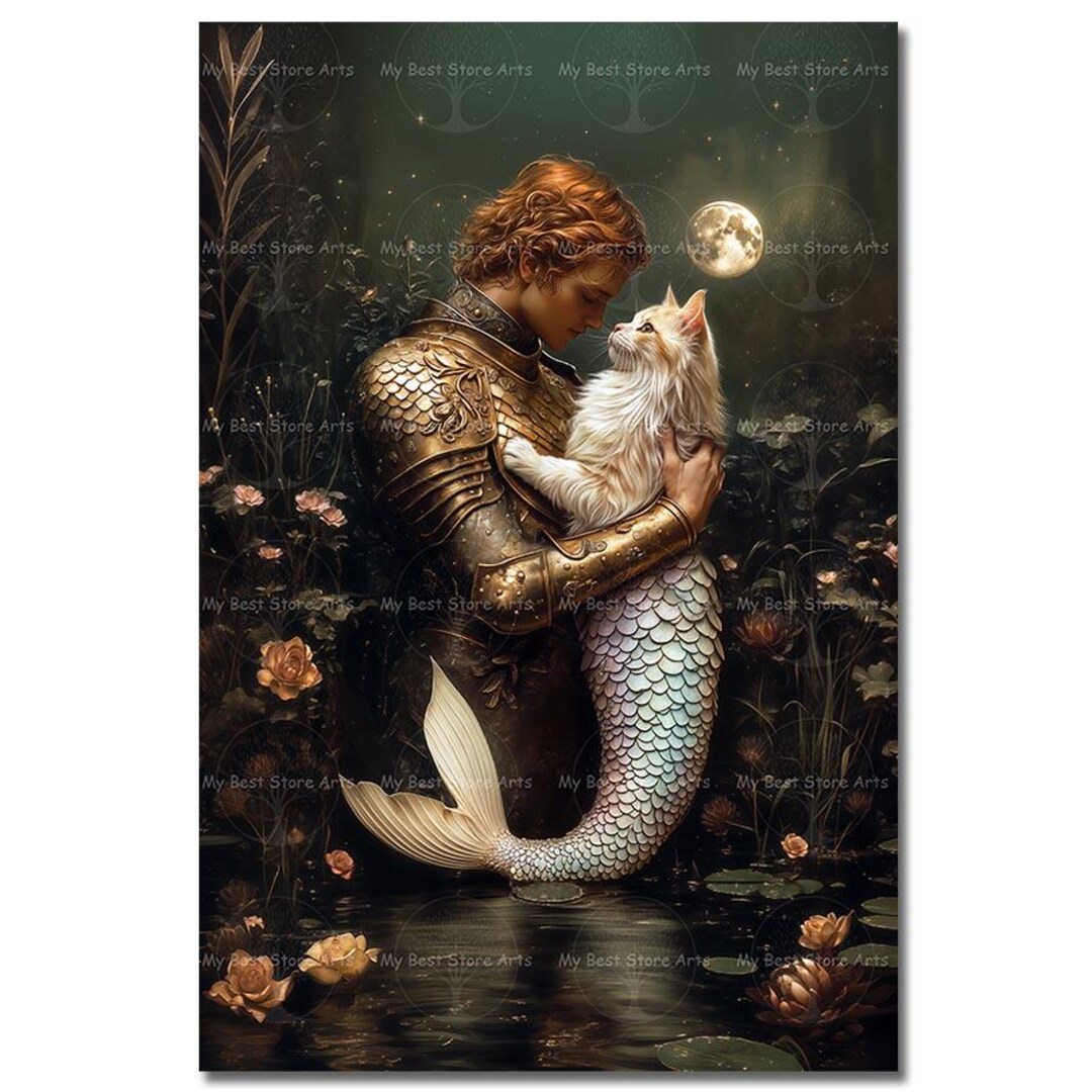 Mermaid Knight Remy Knight and Mermaid Cat Art Print - Mystical Gothic Cat Poster, Cute ...
