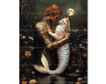 Knight and Mermaid Cat Art Print - Mystical Gothic Cat Poster, Cute Moody Fantasy Decor, Witchy Fairytale Animal Picture, Cottagecore