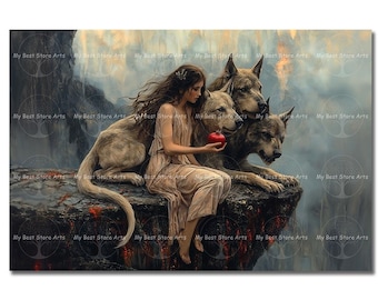 Cerberus and Persephone Art Print - Dark Academia Poster, Mythical Gothic Dog Wall Decor, Pomegranate, Moody, Greek Spring Goddess