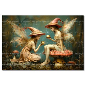 Fairies Tea Party Art Print - Cottagecore Fantasy Wall Decor, Fairy Picture, Mushrooms Poster, Cute Fairytale Friendship Sisters