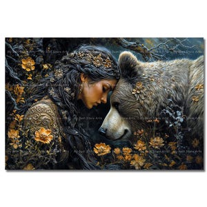 Artio and Bear Art Print - Celtic Goddess Shapeshifter Wall Decor, Cottagecore Pagan Poster, Esoteric Deity Picture, Gothic Art