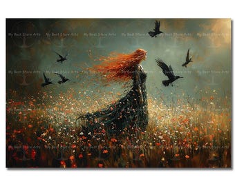 Mystical Morrigan Art Print - Gothic Witchy Celtic Goddess Picture, Cottagecore Wall Decor, Dark Academia Pagan Poster, Fantasy Art