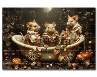 Mice in Bathtub Art Print - Cute Fantasy Poster, Cottagecore Home Decor, Odd Animal Portrait, Whimsical Nature Picture, Wildlife Gift