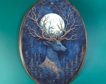 Mystical Blue Deer Wooden Decor- Fantasy Vintage Style Wood Plaque, Moody Gothic Cottagecore Wall Decor, Witchy Nature Themed Oval Art