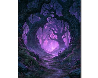 Enchanted Forest Art Print - Fairycore Mystical Dark Fantasy Wall Decor, Purple Woodland Poster, Whimsical Spooky Witchy Picture