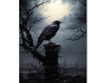 Gothic Crow Art Print - Dark Academia Wall Decor, Spooky Fantasy Raven Picture, Moody Occult Poster