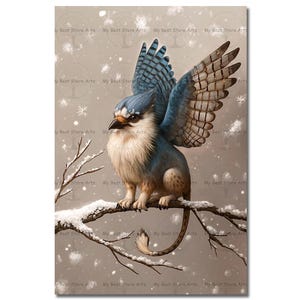 May include: A digital illustration of a griffin perched on a snow-covered branch. The griffin has blue and brown wings, a blue head, and a white chest. The background is a soft, neutral color with falling snowflakes. The artwork is a fantasy-themed piece.