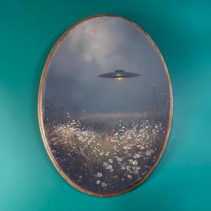 May include: Oval-shaped artwork featuring a UFO hovering over a field of wildflowers under a cloudy sky. The artwork has a gold-colored frame and is mounted on a teal-colored wall. The painting evokes a sense of mystery and the unknown.