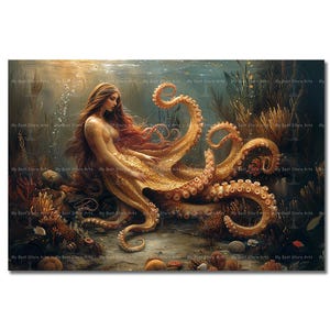 Octopus Siren Art Print - Mermaid Poster, Fantasy Decor, Nautical Picture, Gothic Ocean Wall Decor