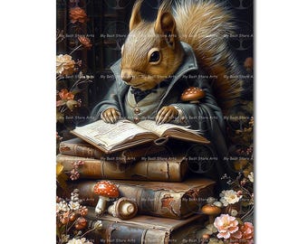 Library Squirrel Art Print - Whimsical Book Poster, Cute Wildlife Wall Decor, Fairycore Picture, Animal Fantasy Portrait, Cottagecore