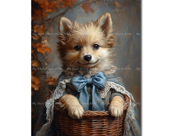 Basket Wolf Art Print - Victorian Wildlife Poster, Cute Moody Decor, Elegant, Antique-Themed, Elegant Animal Decor, Vintage-Themed