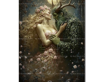 Horned God and Spring Goddess Art Print - Pagan Beltane Poster, Witchy Mystical Esoteric Decor, Romantic Altar Art, Cottagecore Decor