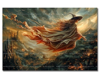 Flying Witch Sunset Art Print - Witchy Gothic Picture, Fantasy Wall Decor, Dark Academia Pagan Poster