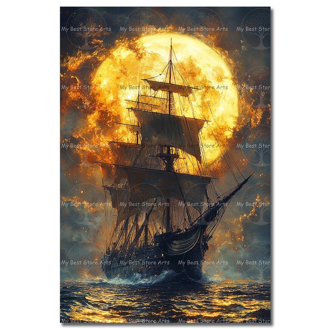 Pirate Ship Moon Art Print - Dark Academia Poster, Gothic Pirate Wall ...