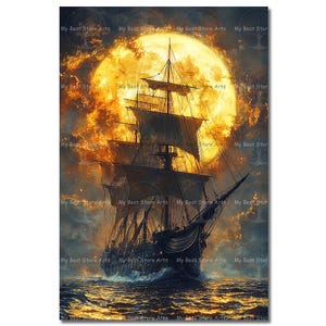 Pirate Ship Moon Art Print - Dark Academia Poster, Gothic Pirate Wall Decor, Magical Fantasy Painting, Galleon Decor, Nautical Art Gift