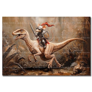 Velociraptor and Mouse Knight Art Print - Fantasy Poster, Odd Funny Gothic Picture, Game Room Dinosaur Decor, Moody Prehistoric Animal