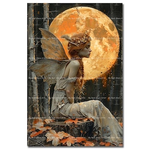 May include: A digital art print of a fairy with red hair, wings, and a golden crown, seated on a tree stump. A large, glowing orange moon is in the background, with autumn leaves scattered around the fairy.