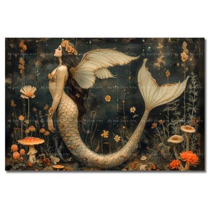 Mermaid Fairy Art Print - Cottagecore Fantasy Wall Decor, Witchy Siren Poster, Moody Gothic Picture