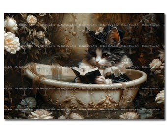 Kitten in Bathtub Art Print - Cat Reading Book Fantasy Art, Cute Animal Poster, Witchy Cottagecore, Whimsical Bathroom Decor