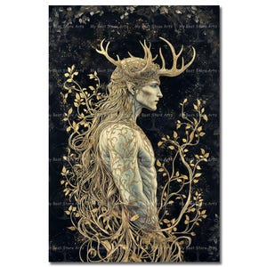 Elegant Cernunnos Art Print - Celtic Pagan Altar Picture, Mystical Nature Wall Decor, Gothic Poster, Moody Gothic, Wildlife God Art