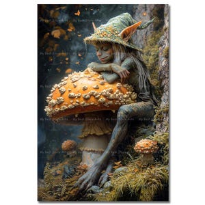Fairy Forest Goblin Art Print - Fantasy Folklore Cottagecore Picture, Gothic Mushroom Poster, Whimsical Nature Wall Decor