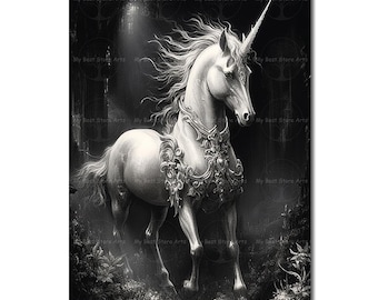 Unicorn Art Print - Dark Academia Poster, Moody Gothic Picture, Fantasy Wall Decor