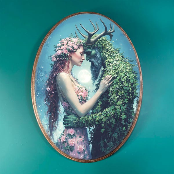 Horned God and Spring Goddess Decor- Vintage Style Wood Plaque, Pagan Beltane Wall Art, Witchy Mystical Esoteric Decor, Romantic Altar Art