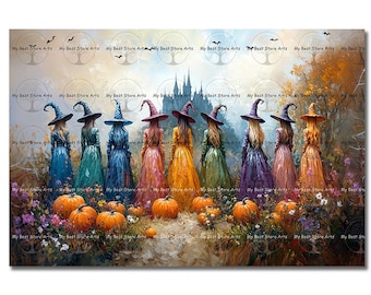 Colorful Witches Art Print - Gothic Art, Halloween Poster, Pagan Coven Decor, Whimsical Cute Picture, Fantasy Cottagecore, Pumpkin Art
