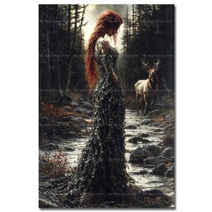Gothic Flidais Art Print - Witchy Celtic Picture, Dark Academia Cottagecore Poster, Mystical Pagan Decor, Wildlife Nature Goddess