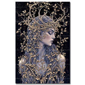 Elegant Flidais Art Print - Celtic Goddess Picture, Mystical Wall Decor, Dark Academia Pagan Poster, Gothic Wildlife Goddess Art