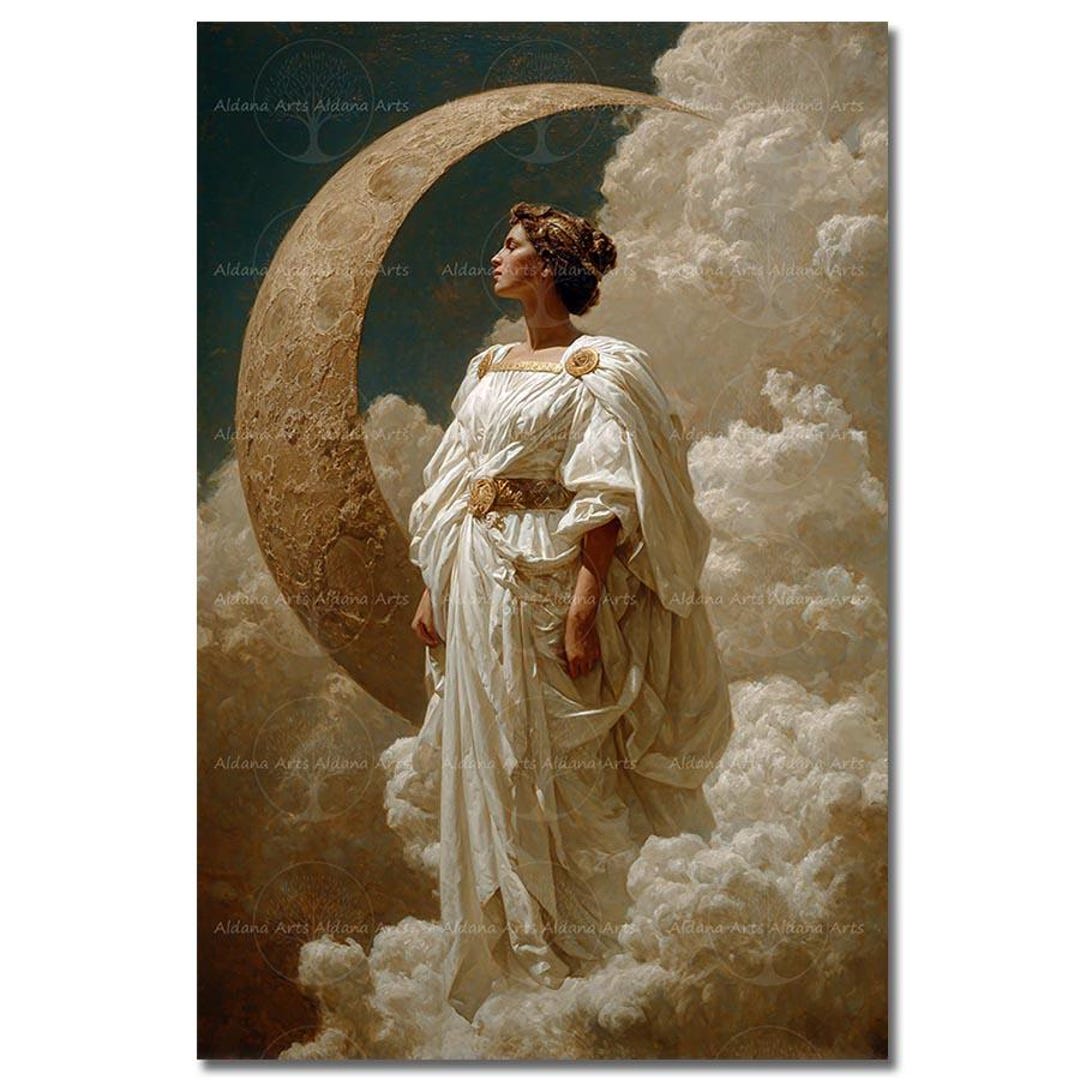 Moon Goddess Art Print - Mystical Selene Wall Decor, Esoteric Picture ...