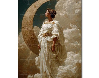 Moon Goddess Art Print - Mystical Selene Wall Decor, Esoteric Picture, Moody Celestial Poster, Greek Pagan Altar Decor