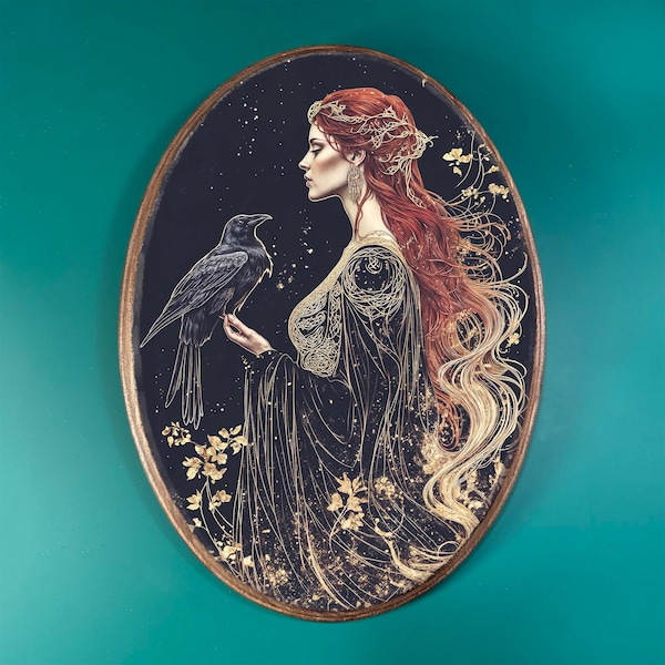 Elegant Morrigan Wooden Decor- Gothic Moody Vintage Style Wood Plaque, Celtic Pagan Wall Art, Altar Wall Decor, Witchy Mystical Raven Art