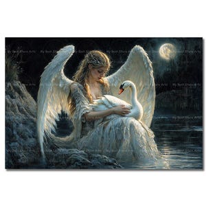 Caer Ibormeith and Swan Art Print - Celtic Deity of Dreams Picture, Mystical Goddess, Pagan Wall Decor, Celestial Poster, Gothic Decor
