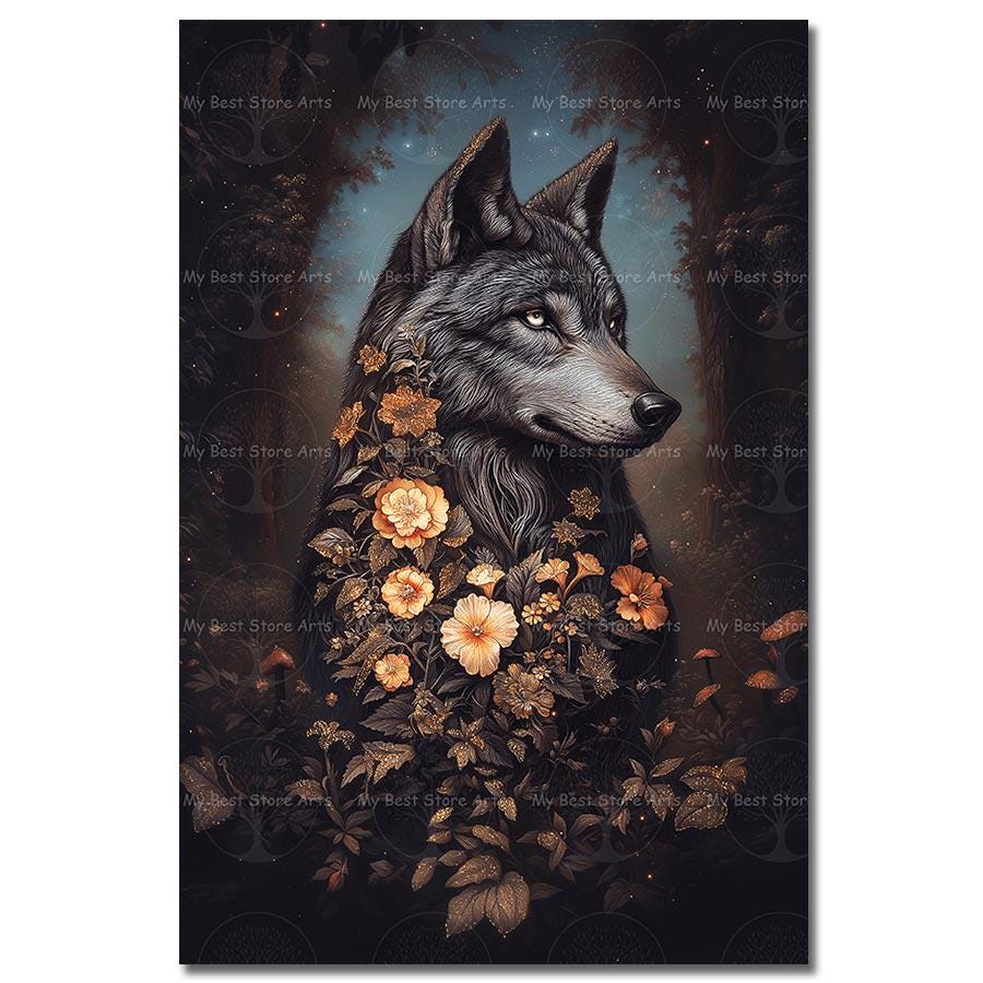 Flower Wolf Art Print - Fantasy Poster, Cottagecore Wall Decor