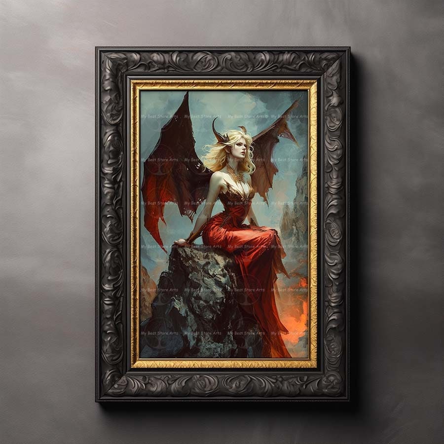 Lilith Art Print, Succubus Picture, Demon Wall Decor, Devil Poster, Occult Folk Art, Dark Academia Painting, Gothic Fantasy, Mythology Art