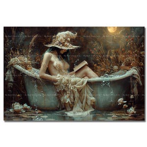 Witch Reading in Bathtub Art Print - Cottagecore Fantasy Wall Decor, Moody Gothic Picture, Dark Witchcraft Poster, Cute Occult