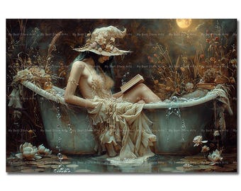 Witch Reading in Bathtub Art Print - Cottagecore Fantasy Wall Decor, Moody Gothic Picture, Dark Witchcraft Poster, Cute Occult