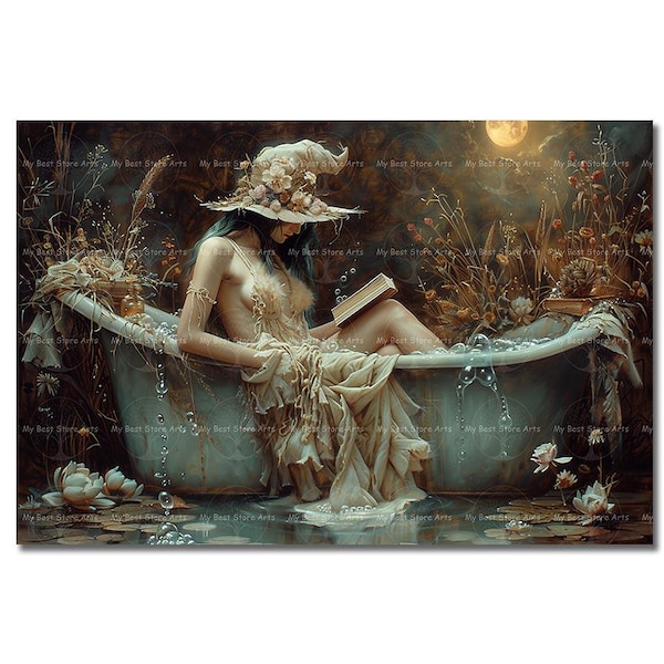 Witch Reading in Bathtub Art Print - Cottagecore Fantasy Wall Decor, Moody Gothic Picture, Dark Witchcraft Poster, Cute Occult